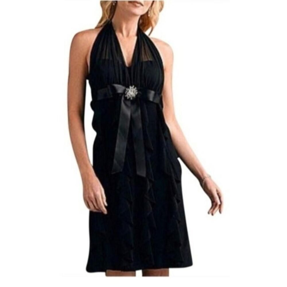 Betsy & Adam Black Ruffled Halter Formal Dress Satin Rhinestone Trim 10